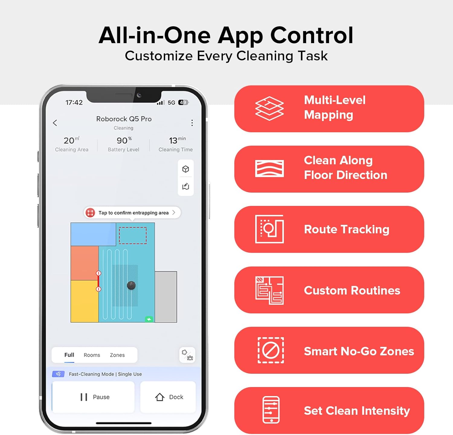 roborock Q5 Pro Robot Vacuum and Mop Combo, 5500Pa Powerful Suction, DuoRoller Brush, LiDAR Navigation, 3D Mapping, Robotic Cleaner for Dirt, Floors, Pet Hair, 240min Runtime, Smart No-Go Zone, Black - Image 8